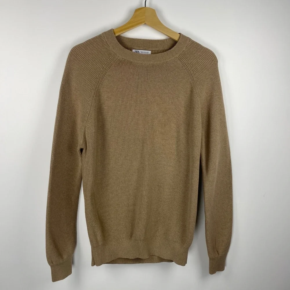 Zara Sweater Mens Medium Tan Ribbed Knit Crew Neck Raglan Minimalist Basic